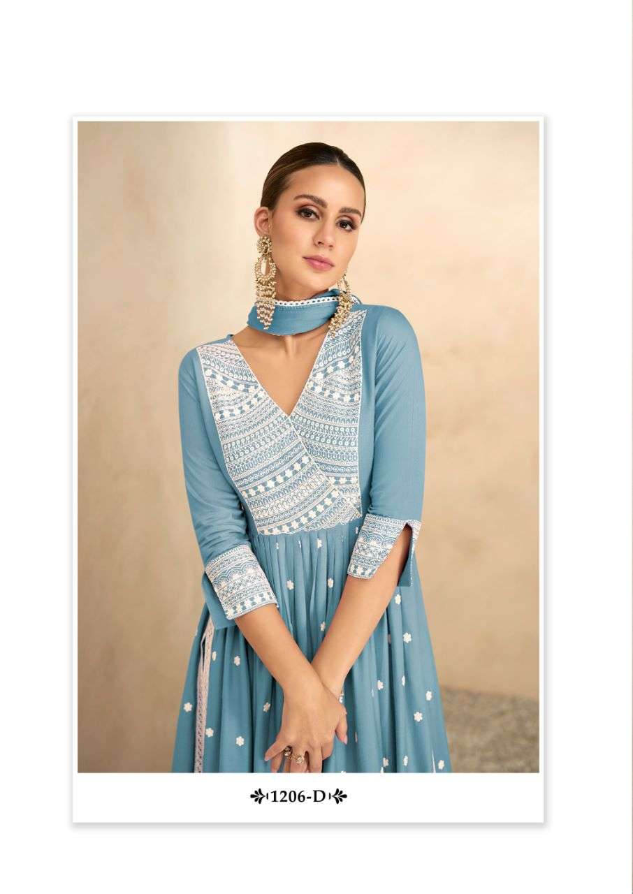 AADHIRA VOL 4 LIGHT COLOR  REYON VISCOS FRNT AND BACK LAKHNAWI WORK NAYRA CUT KURTI WITH COTTON PANT AND NAZMIN DUPATTA BY VAMIKA BRAND 1206 D C